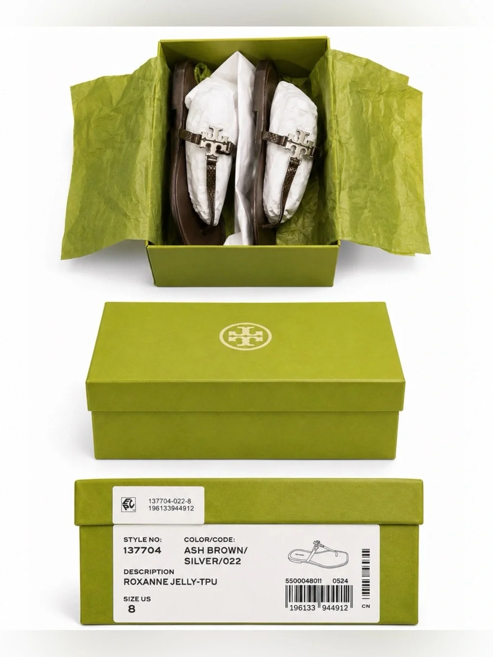 Tory Burch Roxanne Jelly Flip Flops Ash Brown Silver Logo Sandals Size 8 NWT